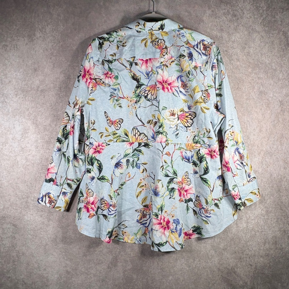 Chico's Button Down Shirt Sz 3P US 16/18P Blue Floral Butterfly No Iron High Low - Picture 4 of 8
